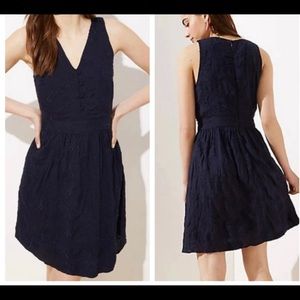 LOFT Plus Navy Embroidered Button Flare Dress with pockets Size 18